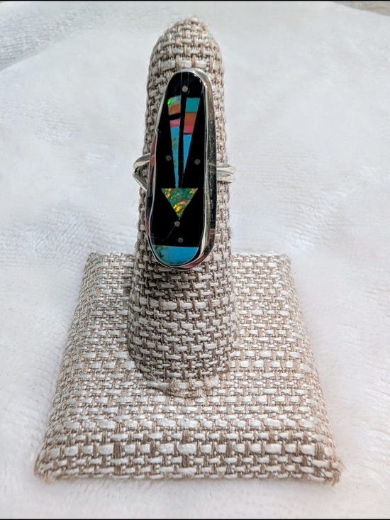 Native Jewelry - Long Inlay Stone Statement Ring — Black with Turquoise & Opal Accents
